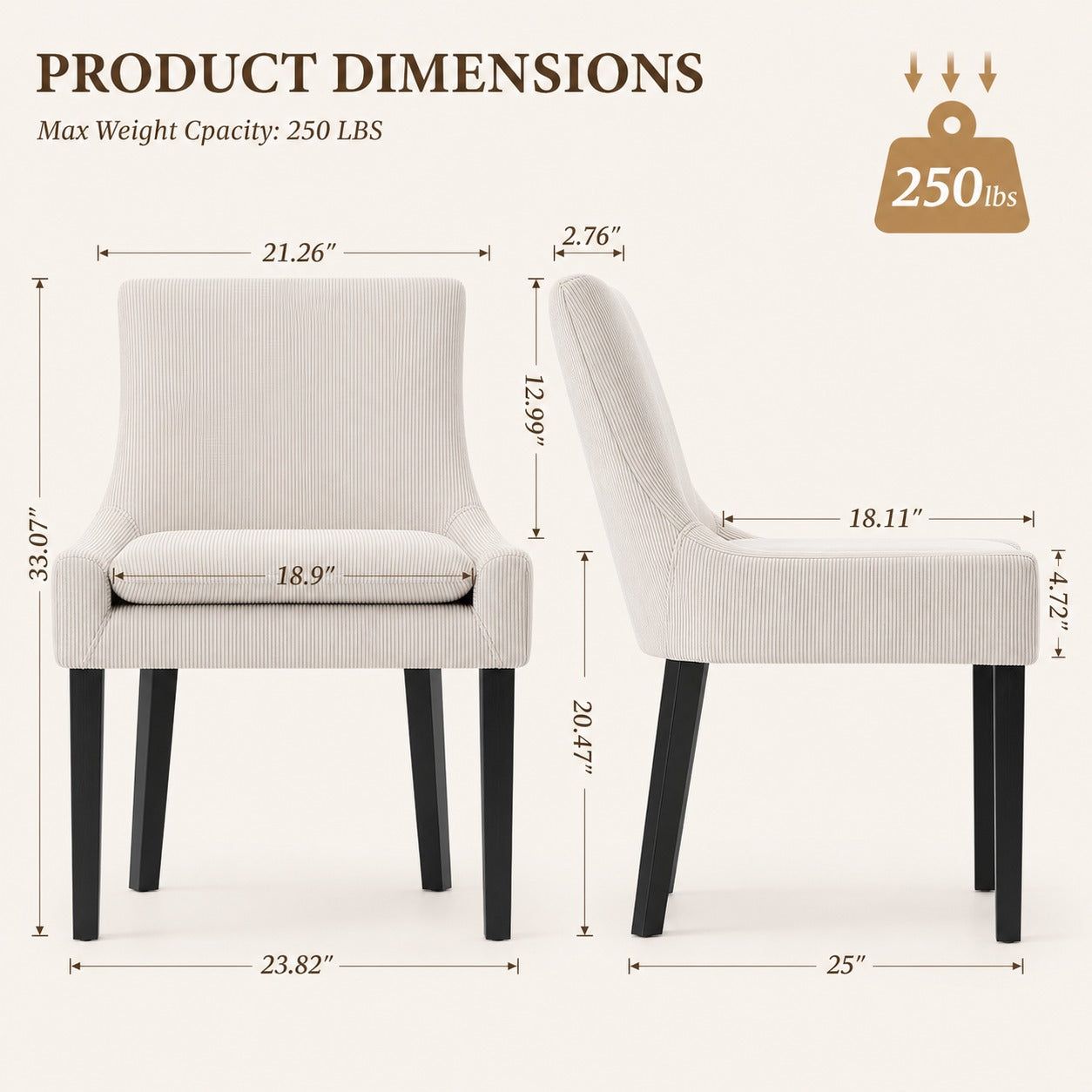 Soft Upholstered Dining Chairs, Set of 2 - dimensions